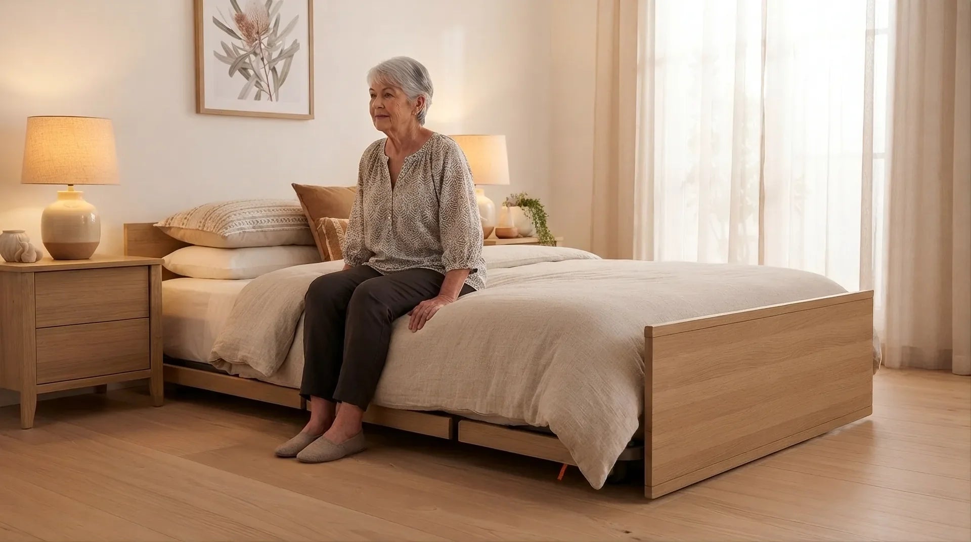 Floorline beds vs adjustable beds Australia - Aidacare FL250 floorline bed in an Australian bedroom (Mobility Exp blog)
