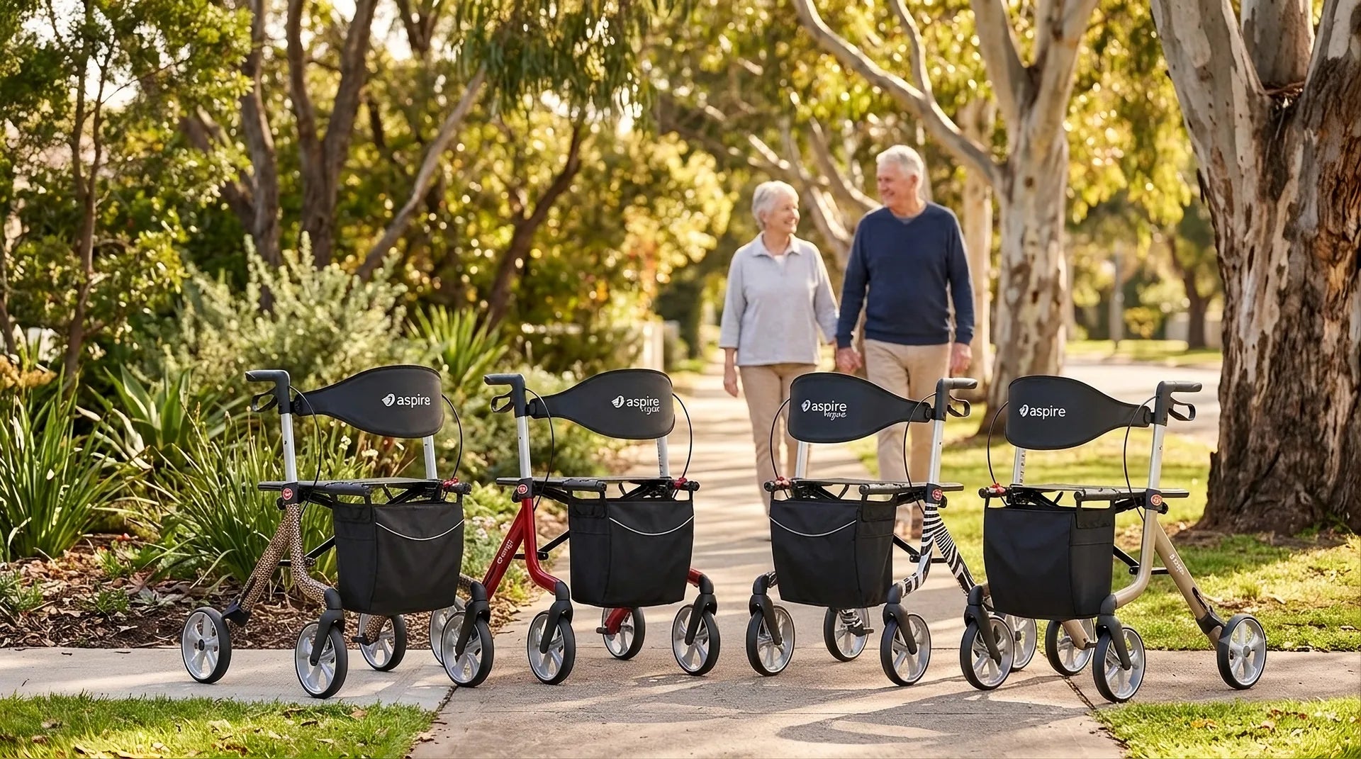 Lightweight vs carbon fibre rollators Australia - Aspire Vogue walkers on an Australian footpath (Mobility Exp blog)