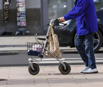 Person pushing a shopping cart with bags on a sidewalk