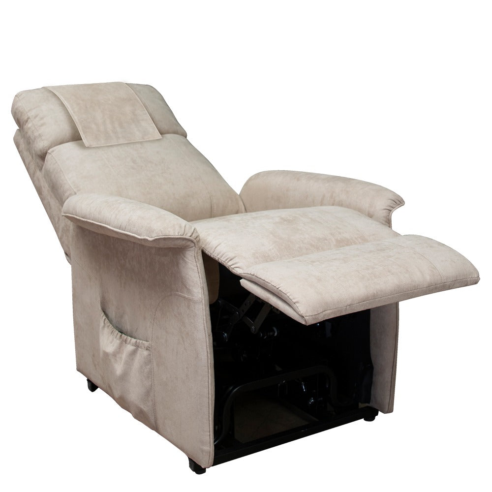 Fawn Microsuede Aspire Porto Lift Recline Chair Space Saver Reclined CHP227200