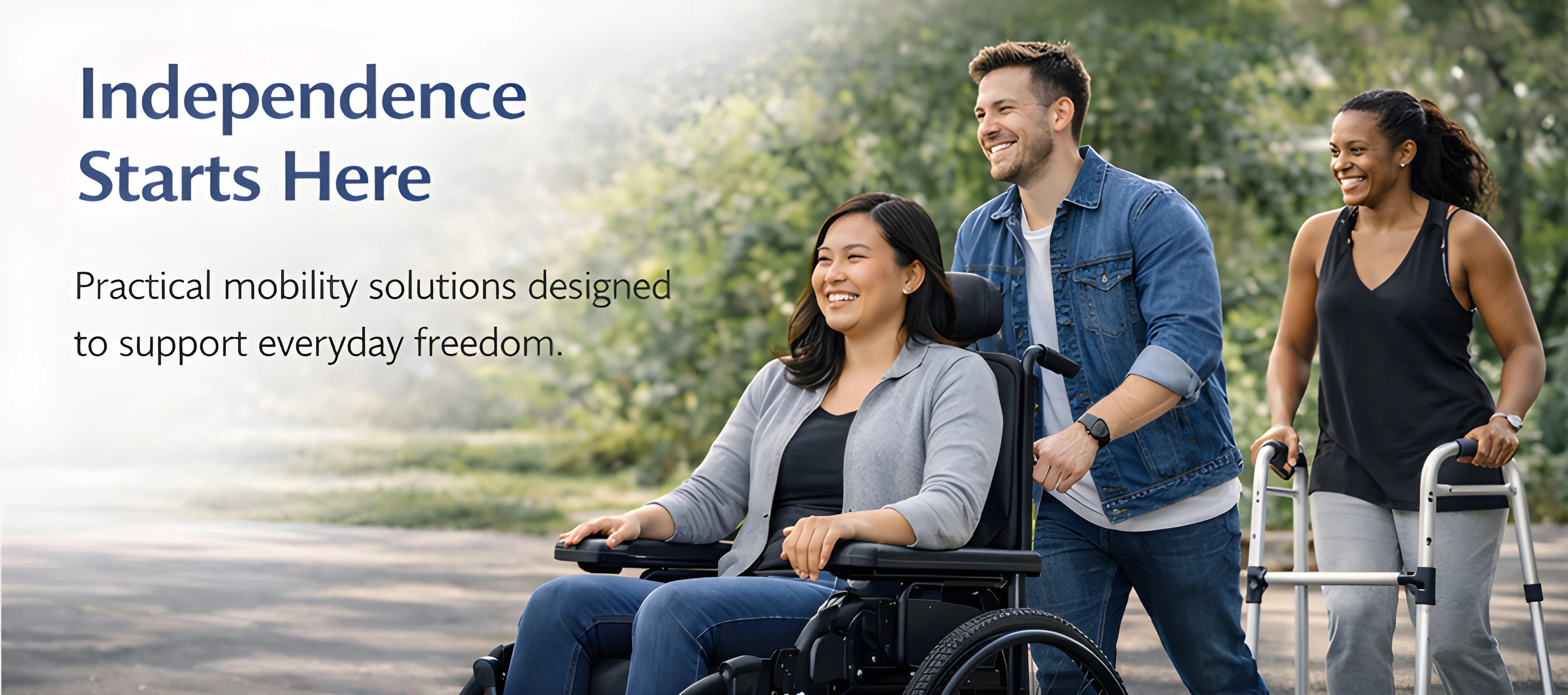 Person using a wheelchair with two others, promoting mobility solutions.