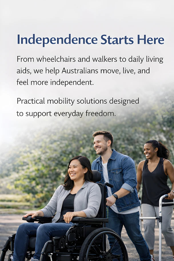 Person using a wheelchair with two others in an outdoor setting, promoting mobility solutions.